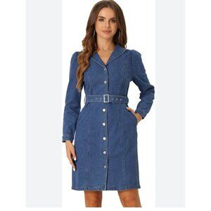 NWT Blue Denim Button-Up Dress With Belted Waist By Allega K - Size M
